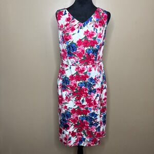 Talbots Women Sz 6 Floral Print Sleeveless Dress White Pink Blue Career Cocktail